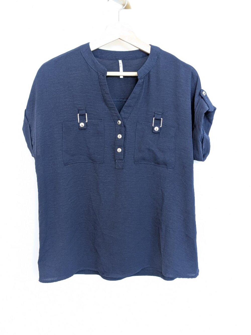 3rd + Malt Navy Blue Short-sleeve Button Utility Blouse Women's M Lightweight